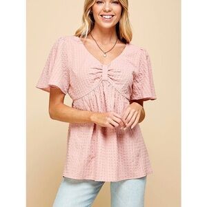 Textured Pink Flutter Sleeve Blouse - Women's Top